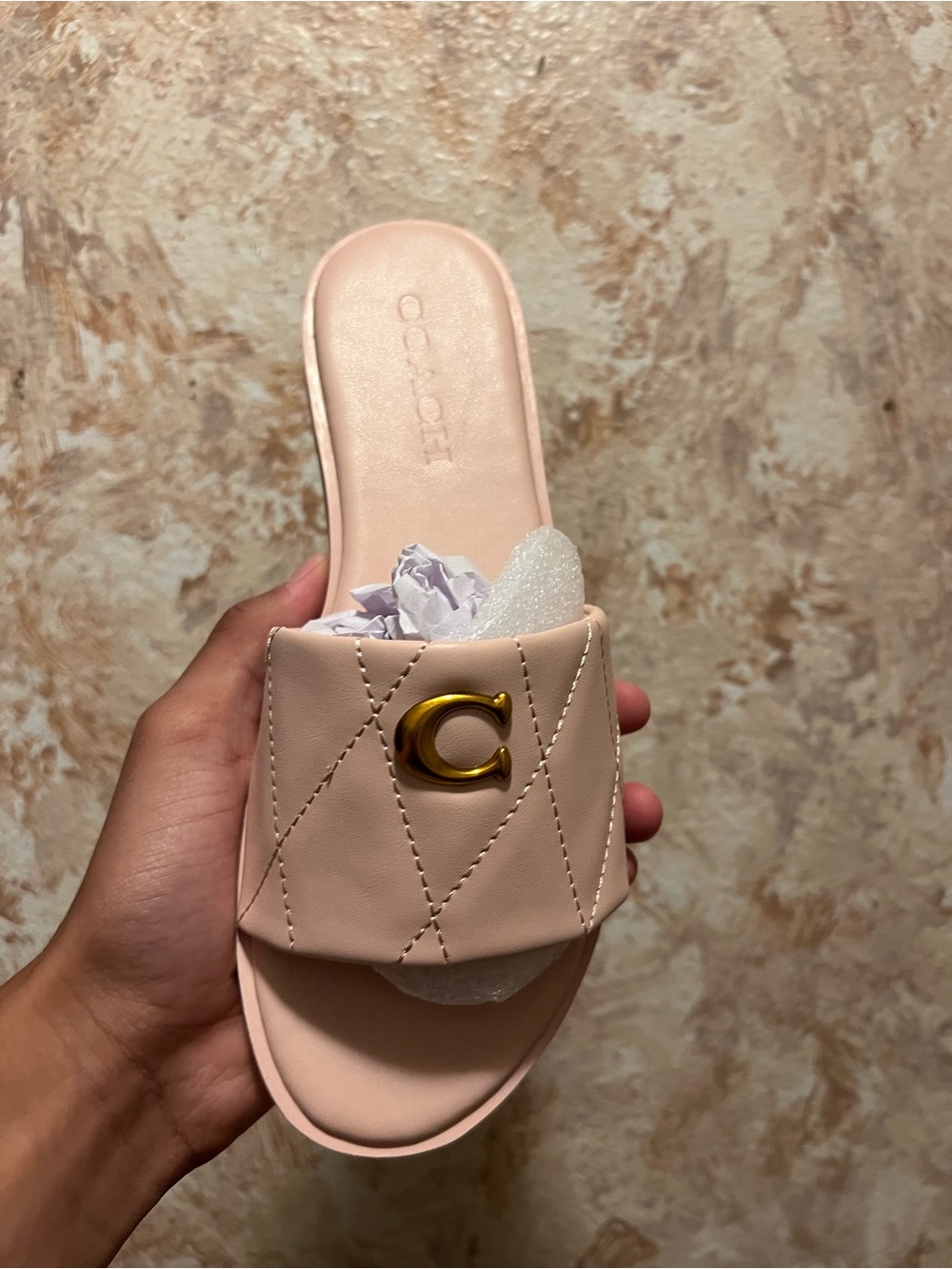 Quilted Pink Leather coach  Slide Sandals with Gold Accent - Picture 3 of 4